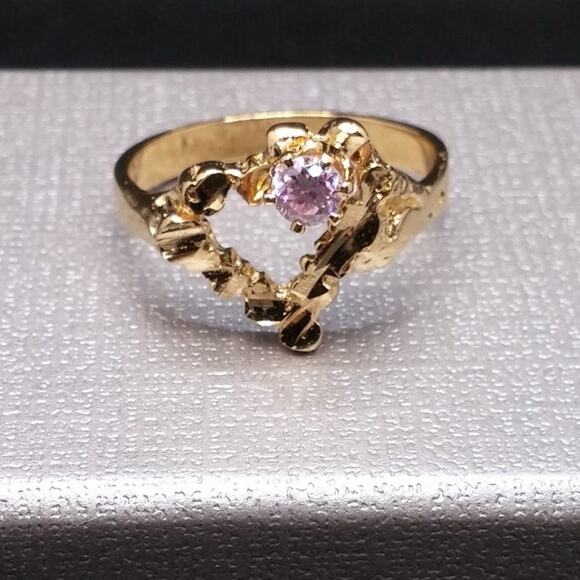 Vintage Open Heart Ring Pink Faceted CZ Stone Gold Nugget Ring Rare Art Nouveau - Picture 1 of 16